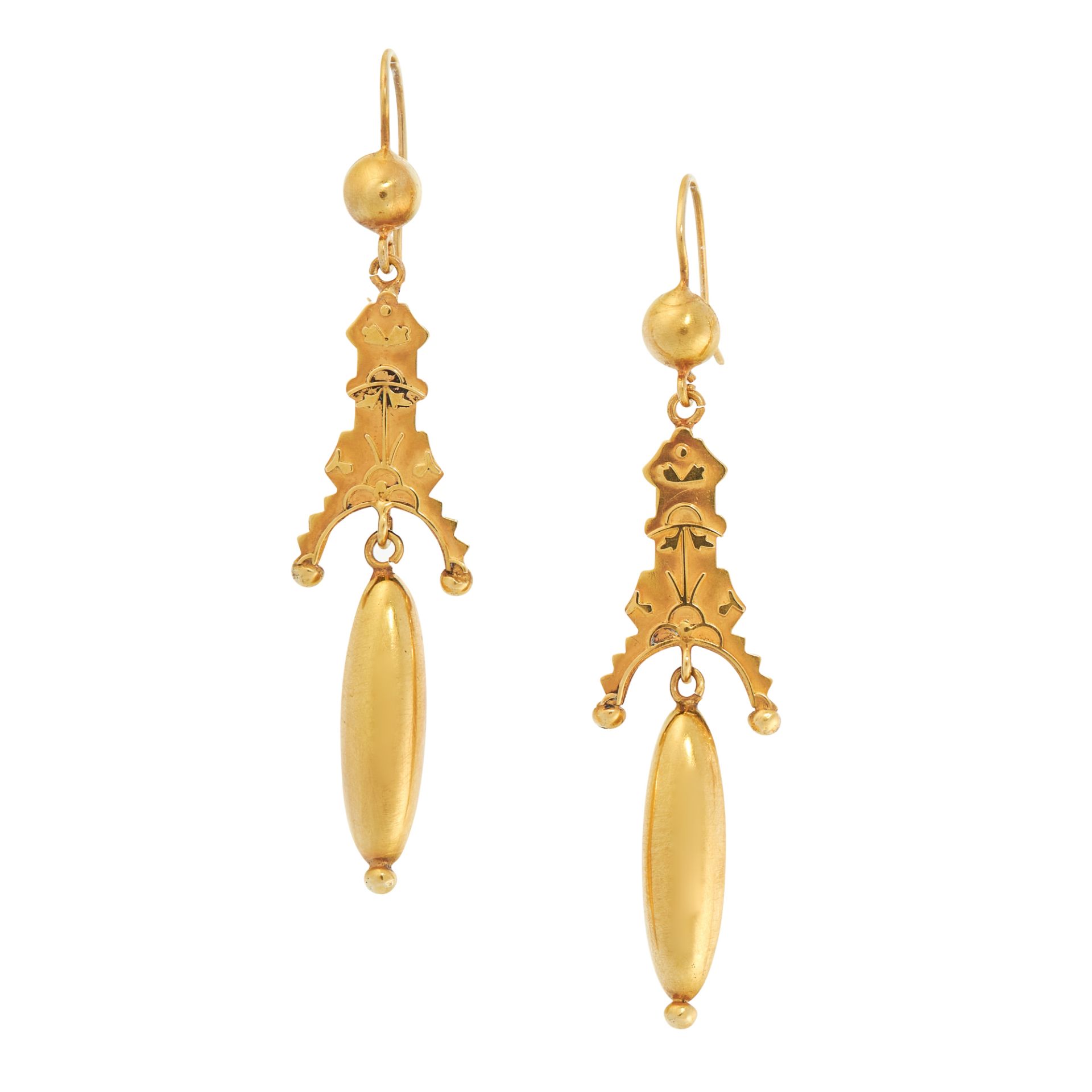 A PAIR OF ANTIQUE DROP EARRINGS, 19TH CENTURY in yellow gold, the articulated body of each formed of