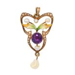 AN ANTIQUE AMETHYST, PEARL AND ENAMEL SUFFRAGETTE PENDANT, CIRC 1900 in yellow gold, set with a