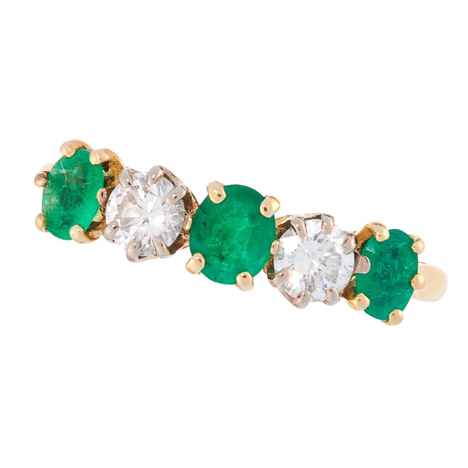 AN EMERALD AND DIAMOND DRESS RING in 18ct yellow gold, set with a trio of graduated oval cut