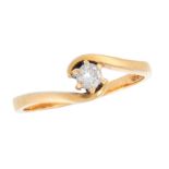 A SOLITAIRE DIAMOND DRESS RING in 18ct yellow gold, set with a round cut diamond within a stylised