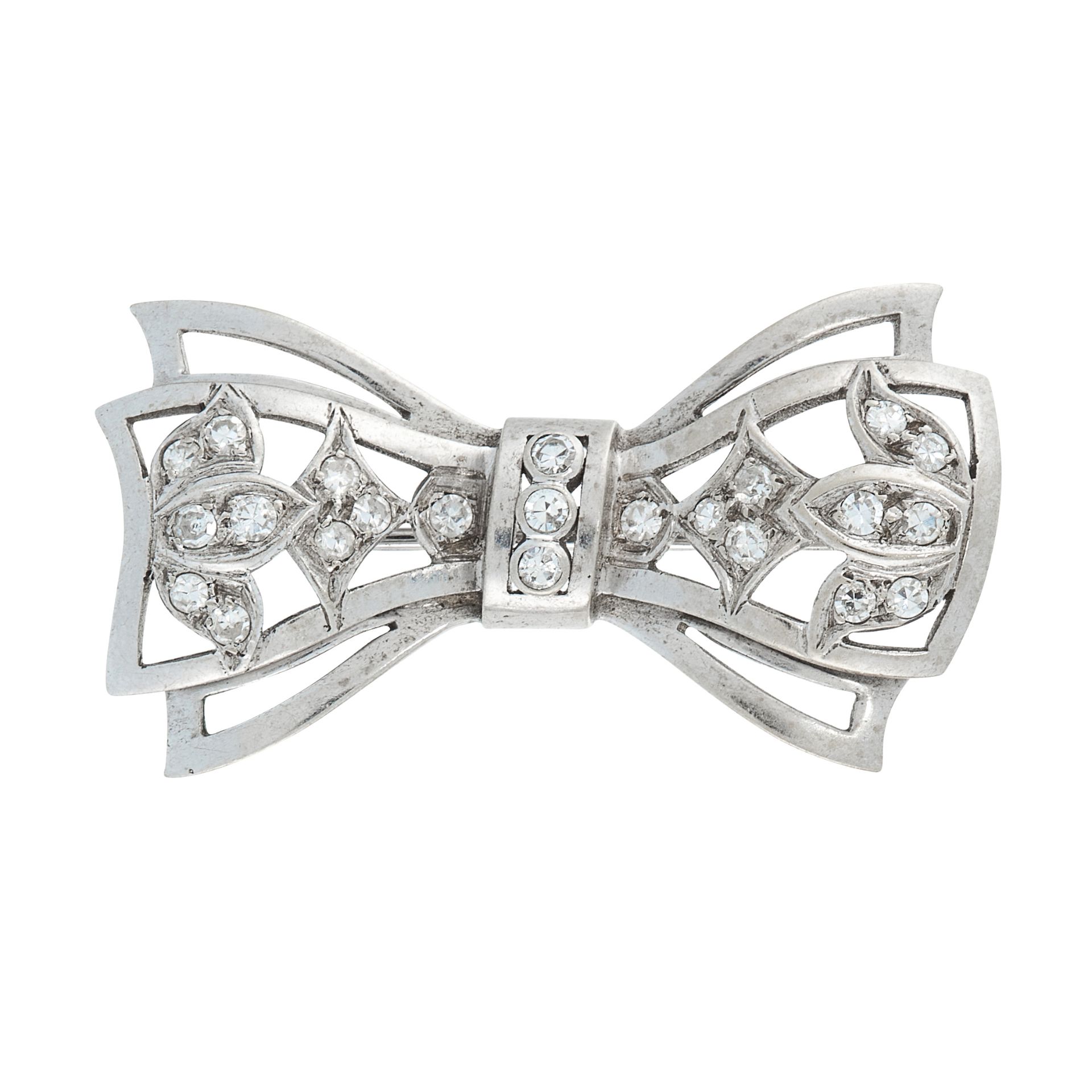 A VINTAGE DIAMOND BOW BROOCH in the form of a bow, decorated with foliate motifs set with round