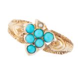 AN ANTIQUE TURQUOISE AND PEARL DRESS RING, 19TH CENTURY in high carat yellow gold, designed as a