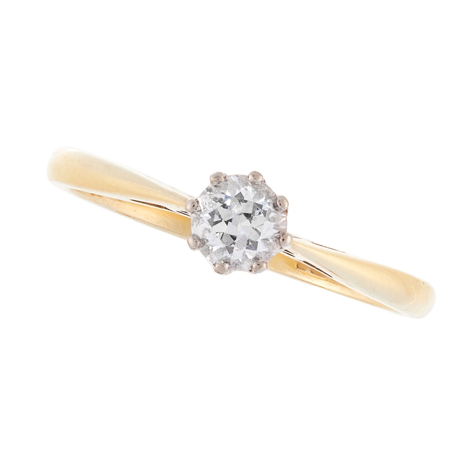 A SOLITAIRE DIAMOND DRESS RING in 18ct yellow gold, set with a round cut diamond of 0.38 carats