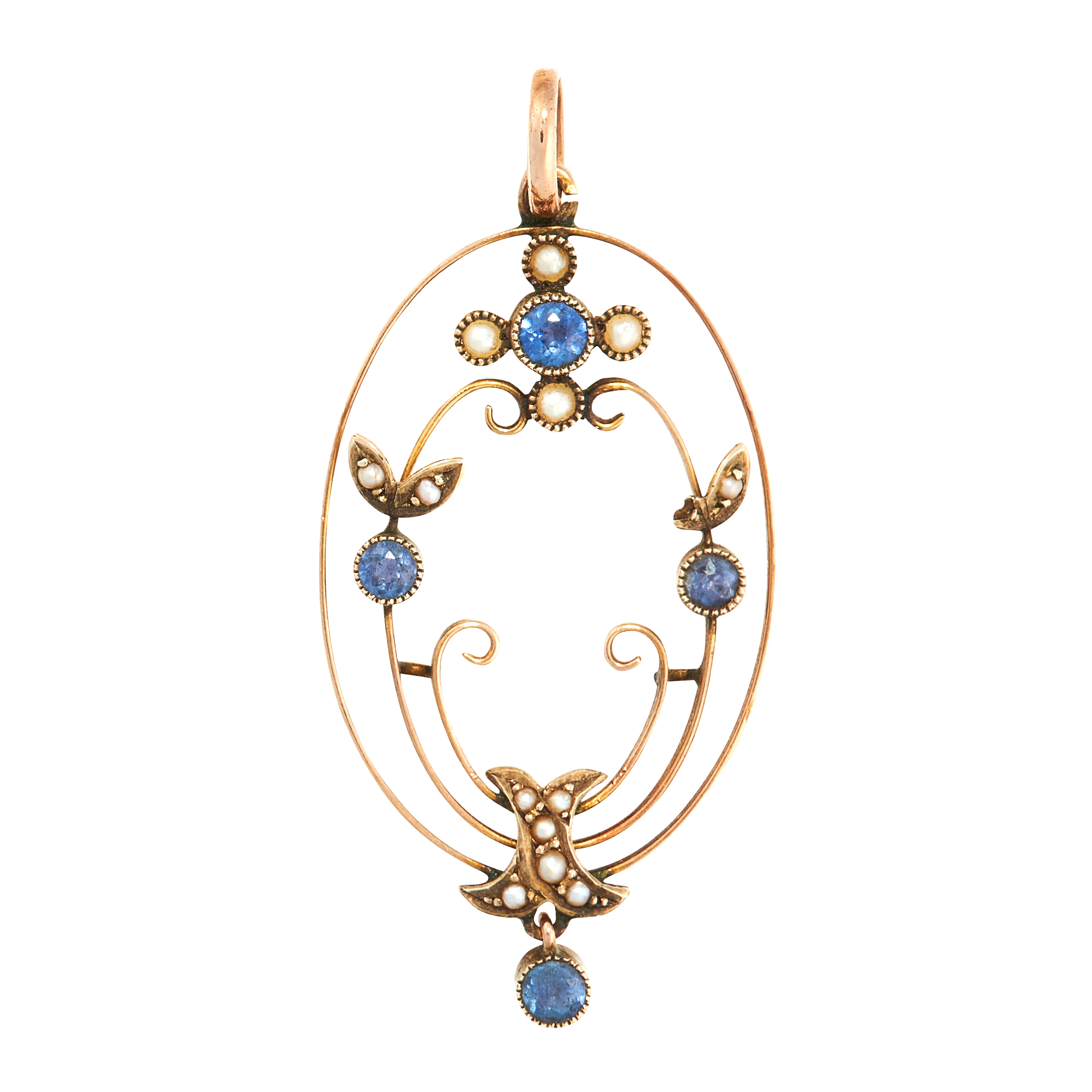 AN ANTIQUE SAPPHIRE AND PEARL PENDANT, EARLY 20TH CENTURY in yellow gold, the oval design formed