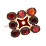 AN ANTIQUE ENAMEL, GARNET AND PEARL BROOCH in yellow gold, in rectangular design, set with a central