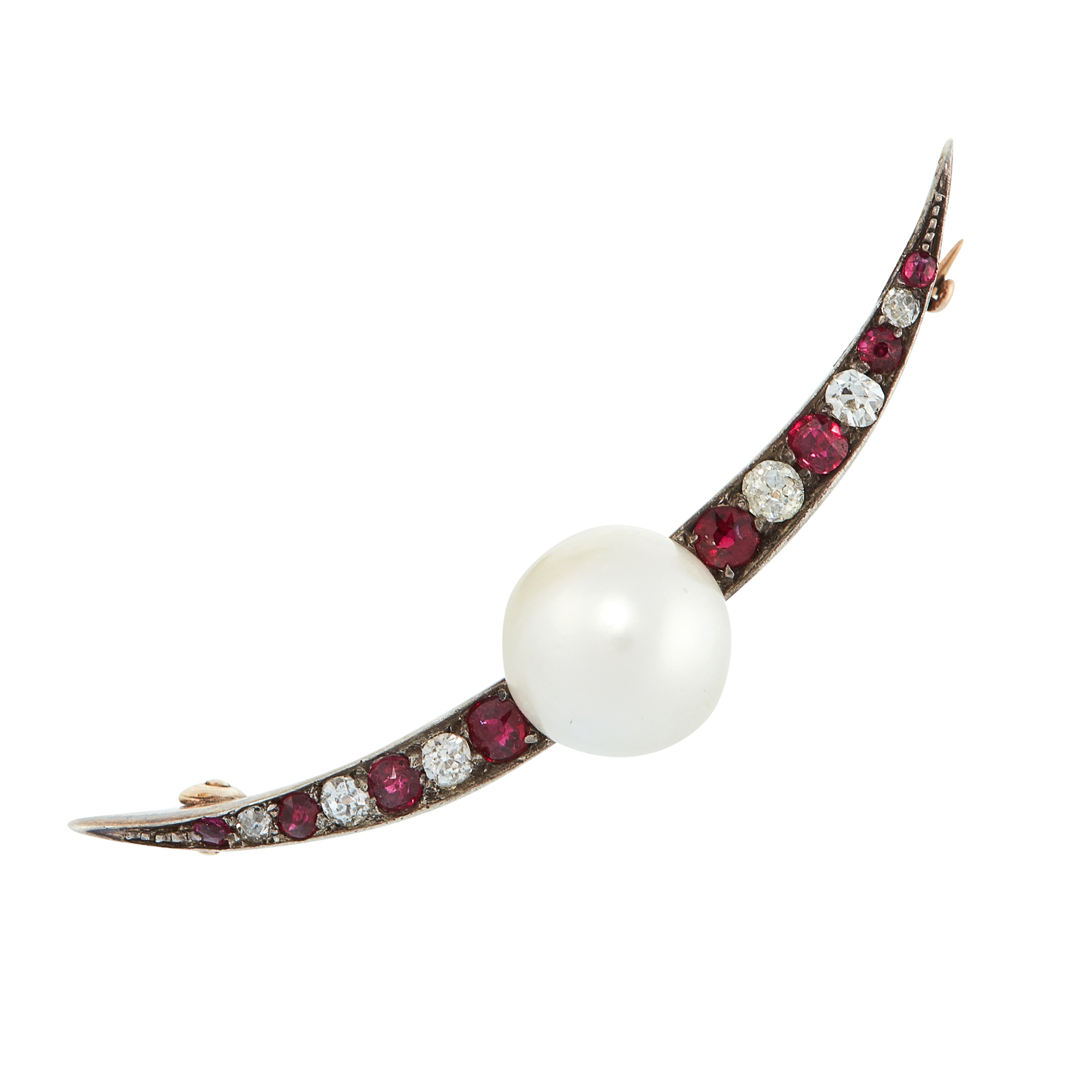 AN ANTIQUE RED GEMSTONE, DIAMOND AND PEARL CRESCENT MOON BROOCH in yellow gold and silver, set