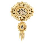 AN ANTIQUE PEARL AND ENAMEL MOURNING LOCKET TASSEL BROOCH, 19TH CENTURY in yellow gold, in the