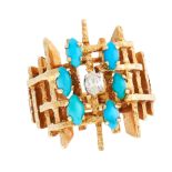 A VINTAGE TURQUOISE AND DIAMOND DRESS RING, CIRCA 1970 in 18ct yellow gold and platinum, in the