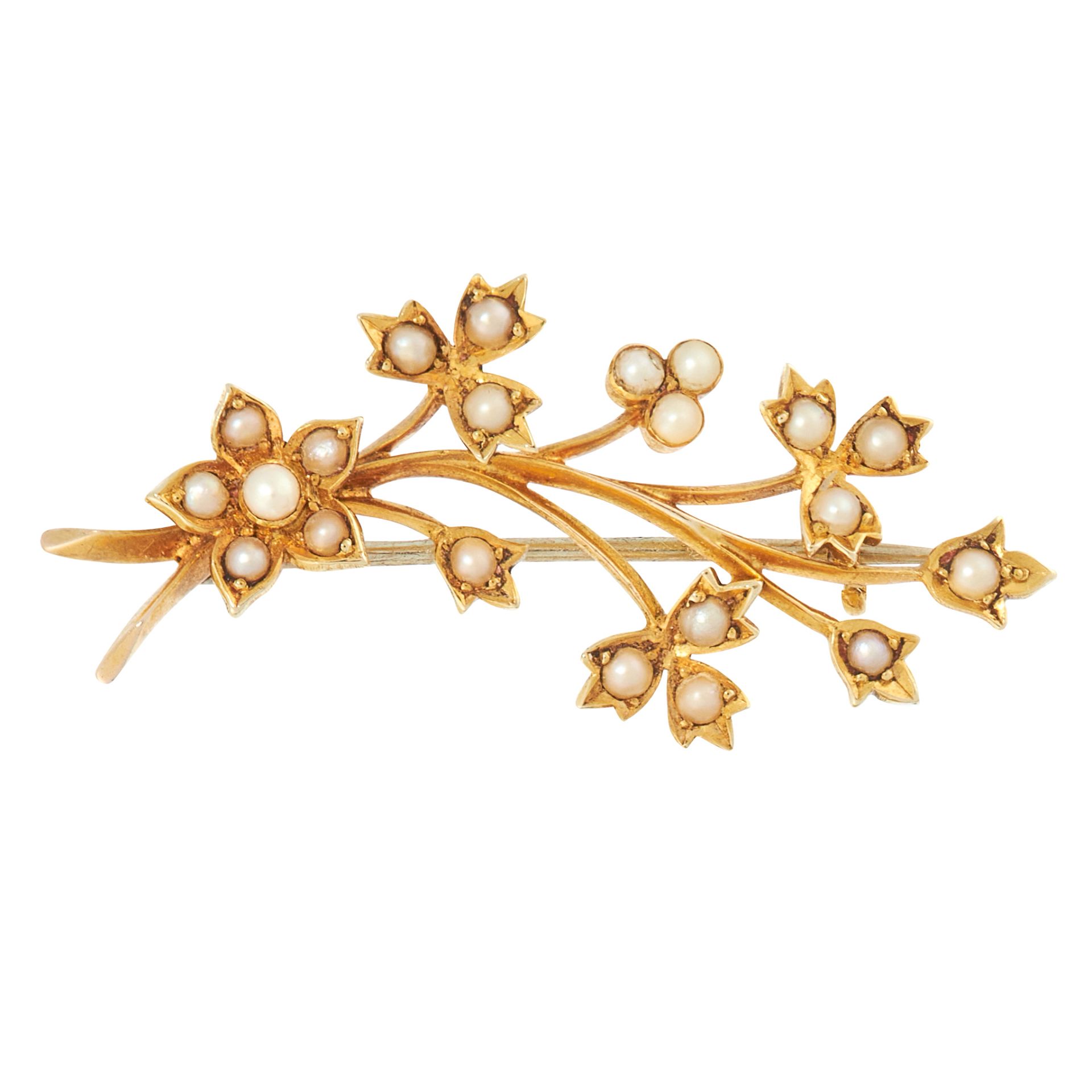 AN ANTIQUE PEARL BROOCH, LATE 19TH CENTURY in high carat yellow gold, designed as a branch of