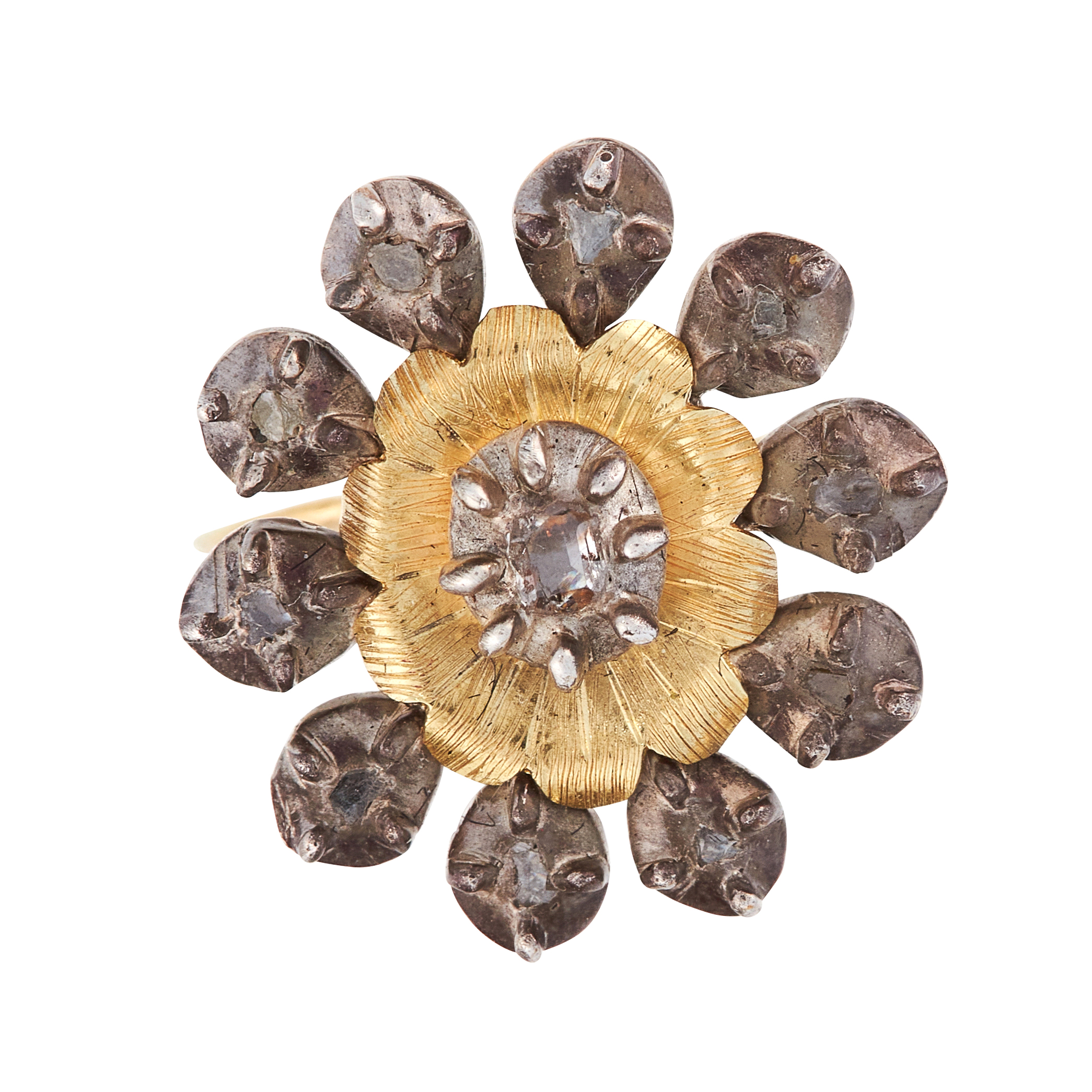 A DIAMOND CLUSTER DRESS RING in 18ct yellow gold and silver, the face set with eleven old and rose