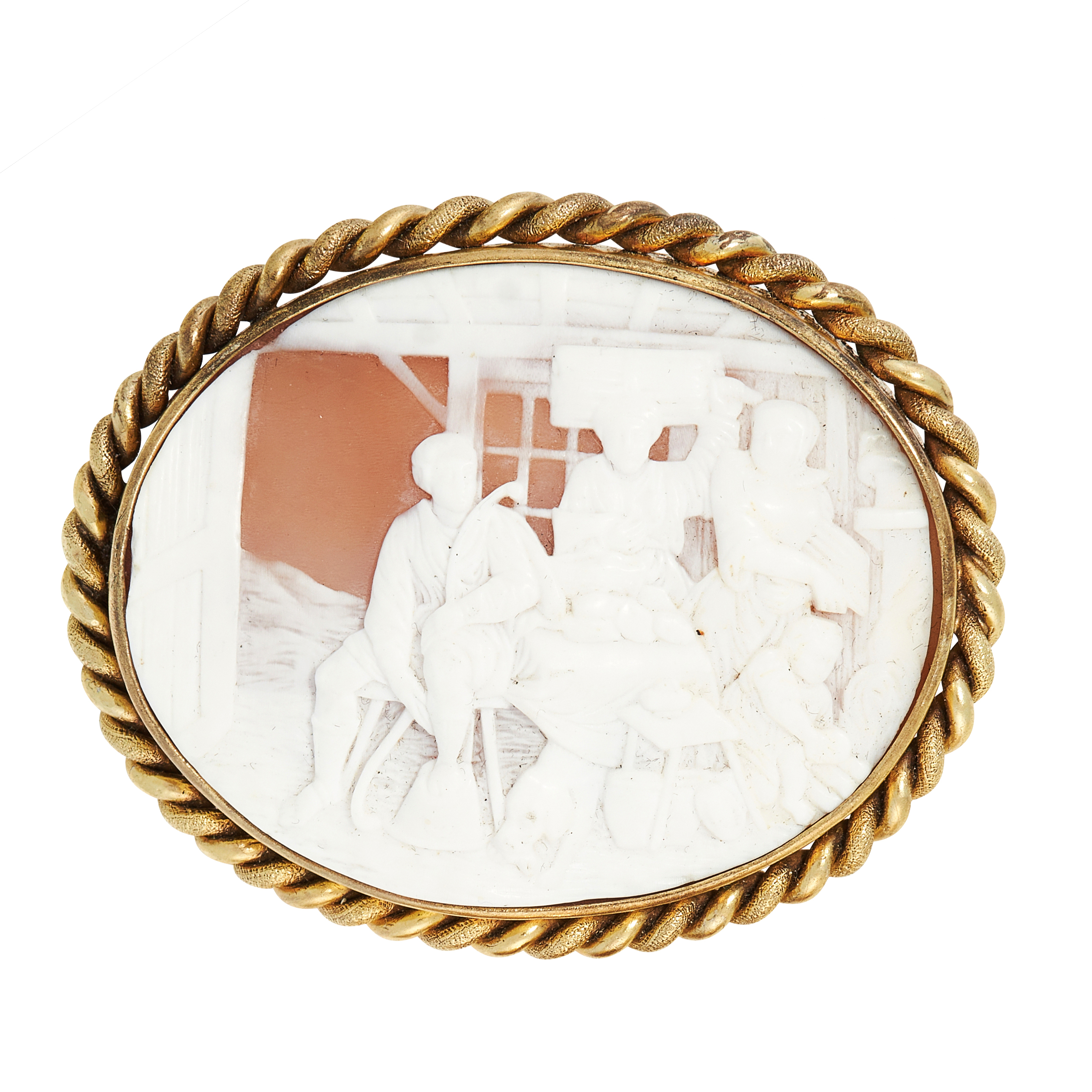 AN ANTIQUE CAMEO BROOCH set with an oval carved shell cameo depicting a scene of villagers around