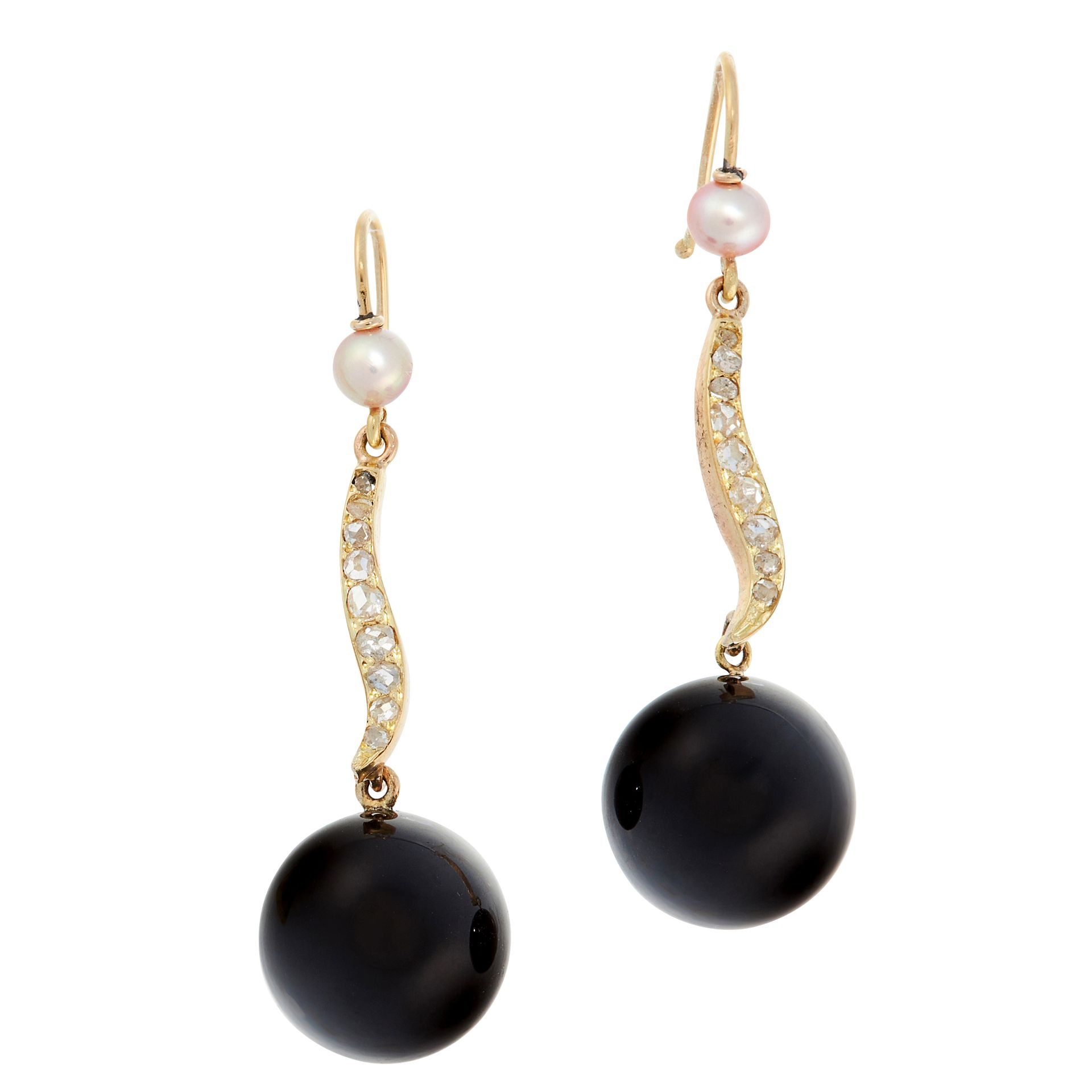 A PAIR OF PEARL, DIAMOND AND ONYX DROP EARRINGS comprising of a pearl above a swirl motif set with