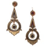A PAIR OF ANTIQUE PIQUE TORTOISESHELL EARRINGS in drop design, set with an articulated drop,
