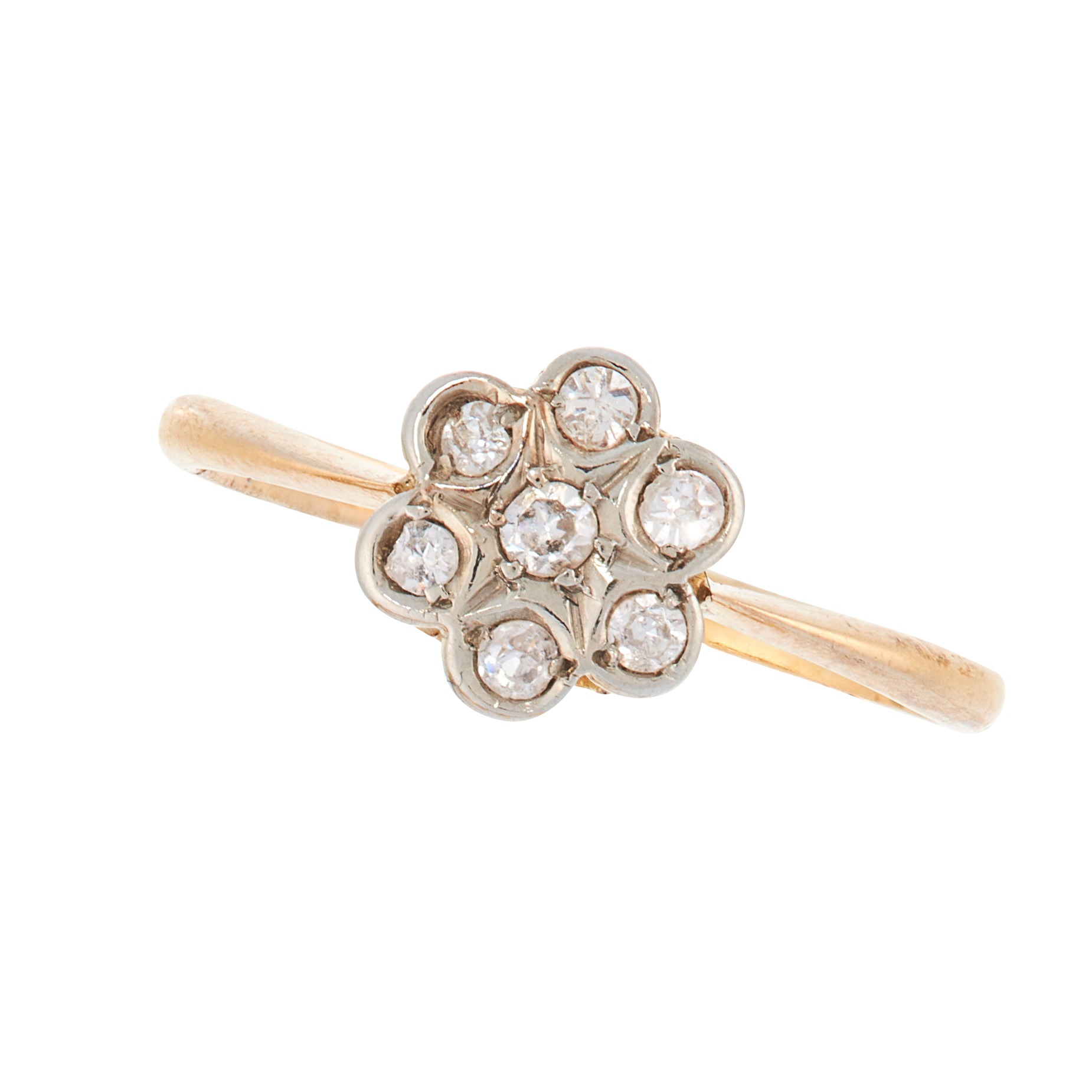 A DIAMOND CLUSTER DRESS RING in 18ct yellow gold, set with a cluster of seven single cut diamonds,