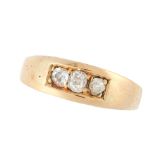 AN ANTIQUE VICTORIAN DIAMOND DRESS RING, 1891 in 18ct yellow gold, the tapering band set with a trio