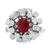 A THAI NO HEAT RUBY AND DIAMOND CLUSTER RING in 18ct white gold, set with an oval cut ruby of 1.62