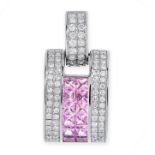 A DIAMOND AND PINK TOURMALINE PENDANT in 18ct white gold, set with a central panel of princess cut