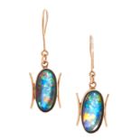 A PAIR OF OPAL EARRINGS in 9ct yellow gold, comprising of an opal triplet between two gold bars,