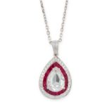 A DIAMOND AND RUBY PENDANT AND CHAIN in 18ct white gold, in pear design, set with a central pear