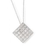 A DIAMOND PENDANT AND CHAIN in 18ct white gold, square design set with round cut diamonds