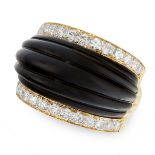 A VINTAGE ONYX AND DIAMOND DRESS RING in 18ct yellow gold, of bombe design, set with a carved and