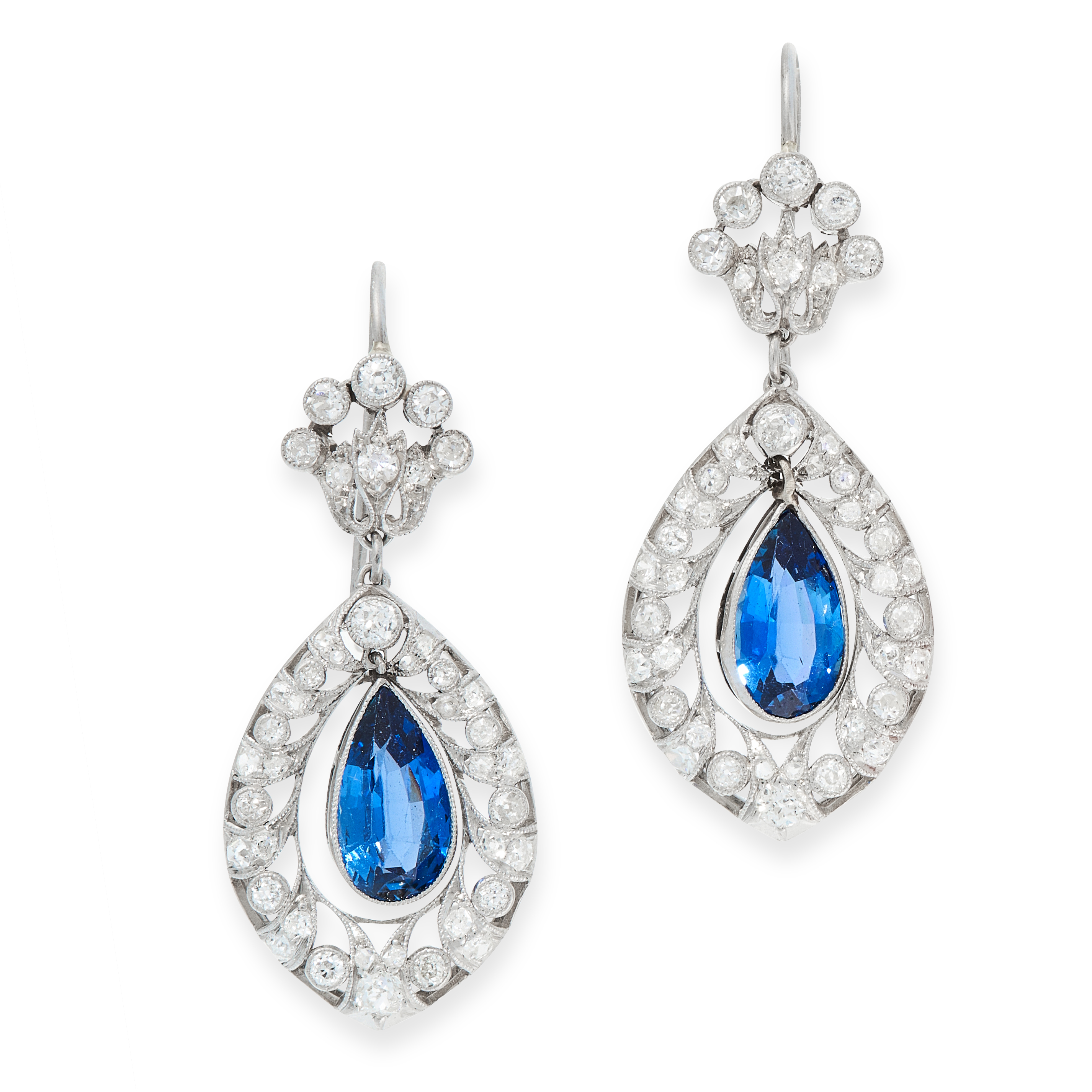 A PAIR OF SAPPHIRE AND DIAMOND EARRINGS, CIRCA 1930 each set with a pear cut blue sapphire, both