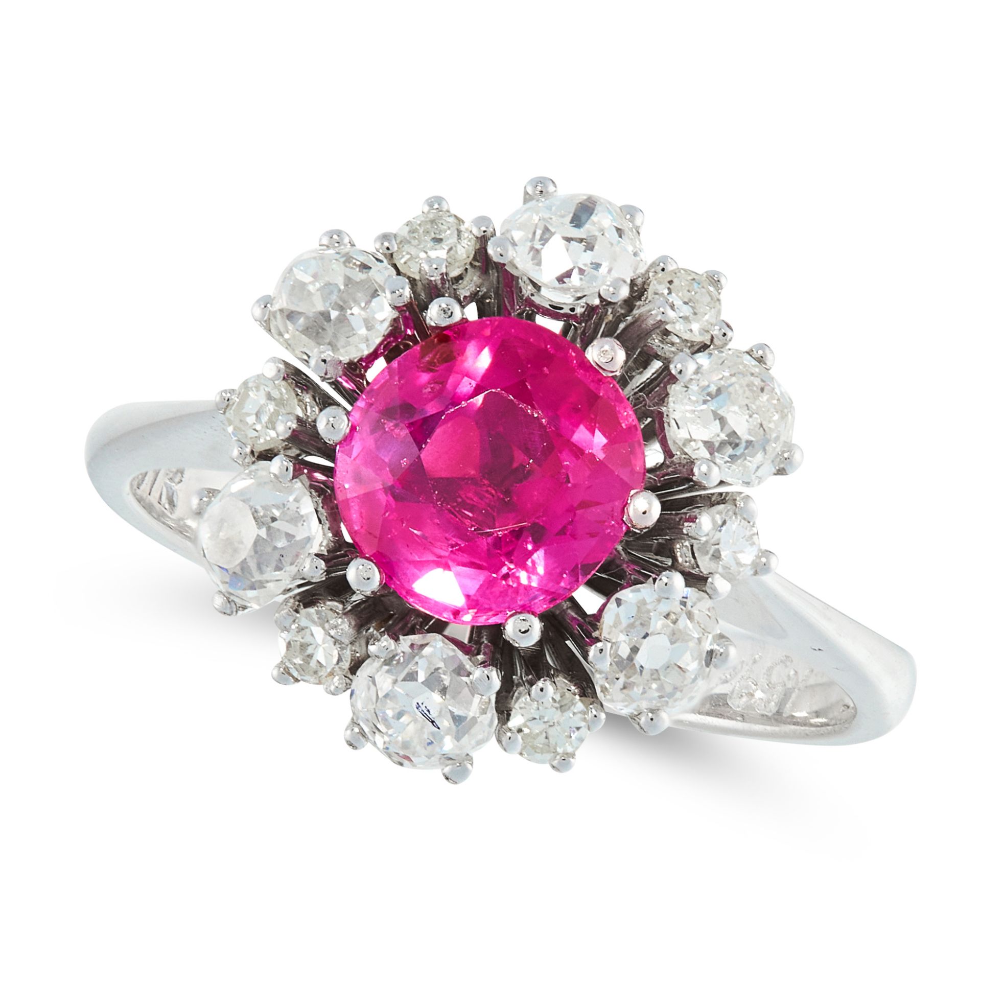 A BURMA NO HEAT PINK SAPPHIRE AND DIAMOND CLUSTER RING in 14ct white gold, set with a cushion cut
