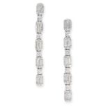 A PAIR OF DIAMOND DROP EARRINGS in 18ct white gold, designed as a bar, set with alternating trios of