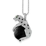 A DIAMOND, EMERALD AND ONYX PANTHER PENDANT AND CHAIN in 18ct white gold, comprising of a panther