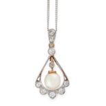 A PEARL AND DIAMOND PENDANT NECKLACE in 18ct white gold, in fan design, jewelled with round cut