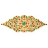 AN ANTIQUE EMERALD, RUBY AND DIAMOND BELT BUCKLE, INDIAN in high carat yellow gold, set with pear