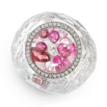 A DIAMOND, CARVED ROCK CRYSTAL AND PINK SAPPHIRE COCKTAIL RING in 18ct white gold, the carved rock