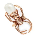 A SOUTH SEA PEARL AND DIAMOND SPIDER RING in 18ct rose gold, designed as a spider, the head and legs