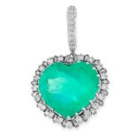 AN EMERALD AND DIAMOND PENDANT in platinum, comprising of a heart cut emerald of approximately 34.80