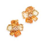 A PAIR OF ORANGE, YELLOW AND GREEN SAPPHIRE AND DIAMOND EARRINGS in 18ct yellow gold, in floral