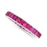 A RUBY ETERNITY RING comprising of a single row of step cut rubies, unmarked, size N / 7, 2.9g.