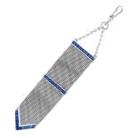 A SAPPHIRE FOB PENDANT set with three rows of step cut sapphires, unmarked, 12cm, 22.5g.