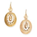 A PAIR OF ANTIQUE DROP EARRINGS, 19TH CENTURY in yellow gold, each suspending an oval gold bead