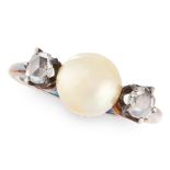 AN ANTIQUE NATURAL PEARL AND DIAMOND THREE STONE RING set with a natural pearl of 7.68mm between two