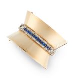 A SAPPHIRE AND DIAMOND CUFF BANGLE in 18ct yellow gold, in tapering cuff design, jewelled with a