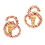 A PAIR OF BURMA NO HEAT RUBY AND DIAMOND EARRINGS, LALAOUNIS in 18ct yellow gold, in twisted