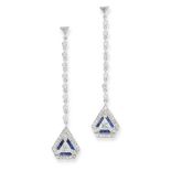 A PAIR OF DIAMOND AND SAPPHIRE EARRINGS in 18ct white gold, set with a trillion cut diamond,