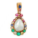AN ANTIQUE NATURAL SALTWATER PEARL, RUBY, SAPPHIRE, EMERALD AND DIAMOND PENDANT in yellow gold,