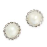 A PAIR OF NATURAL SALTWATER PEARL AND DIAMOND CLUSTER STUD EARRINGS in 18ct white gold, each set