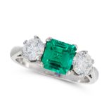 A COLOMBIAN EMERALD AND DIAMOND DRESS RING in platinum, set with an emerald cut emerald of 1.33