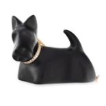 A HARDSTONE AND DIAMOND SCOTTIE DOG BROOCH in 18ct yellow gold, set with a black hardstone