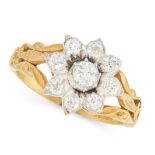 A DIAMOND CLUSTER DRESS RING in 18ct yellow gold and silver, designed as a flower, set with a