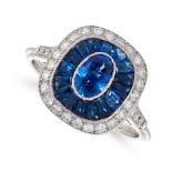 A SAPPHIRE AND DIAMOND TARGET RING, IN ART DECO DESIGN set with an oval cut sapphire in a concentric