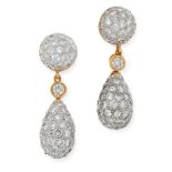 A PAIR OF DIAMOND DROP EARRINGS in 18ct yellow gold, each formed of a jewelled drop set allover with