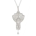 AN ANTIQUE DIAMOND PENDANT AND CHAIN, EARLY 20TH CENTURY the openwork body depicting an urn with a